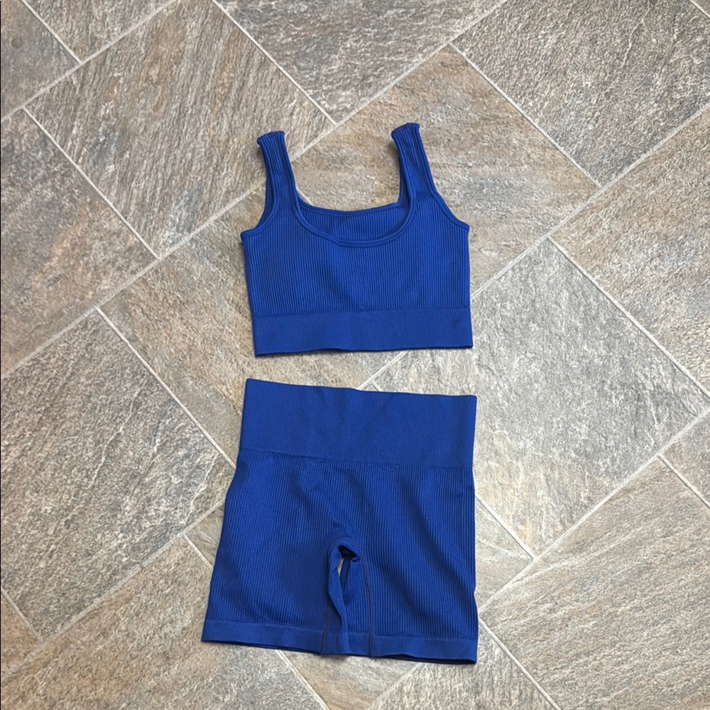 Blue Ribbed Sports Bra and Shorts Set